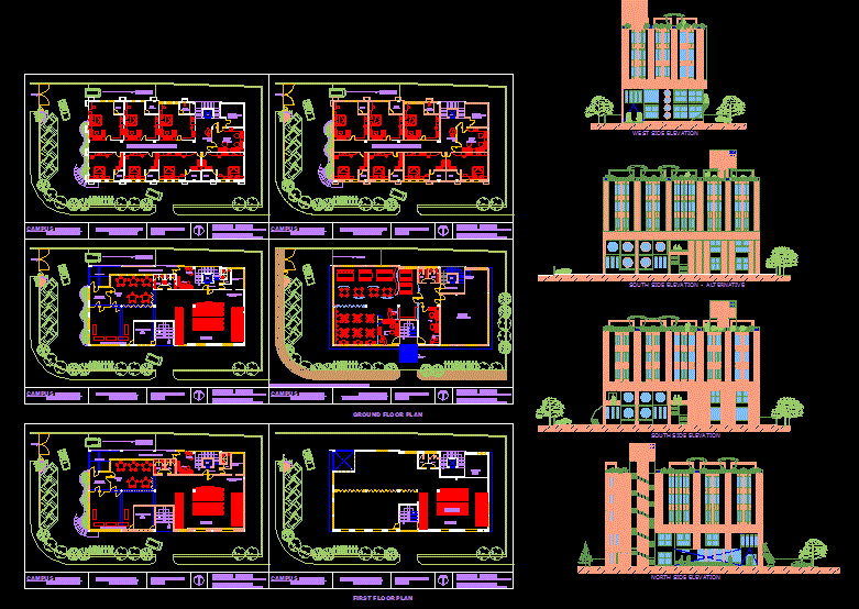 Hotel layout plan in dwg with four side elevation. Download the CAD